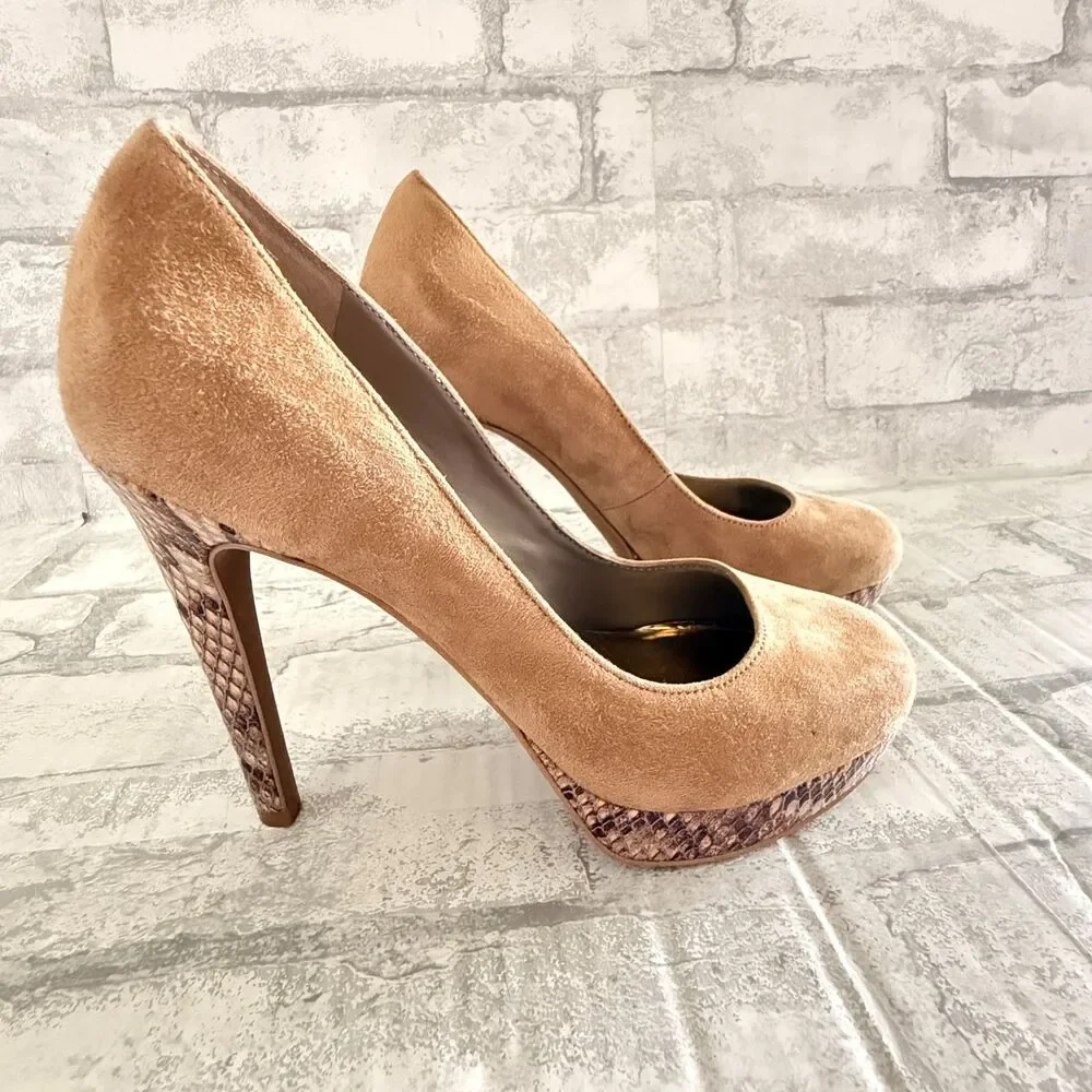 Via Neroli Beige Suede Leather High Heel Platform Snake Print Stiletto Pumps 5.5
